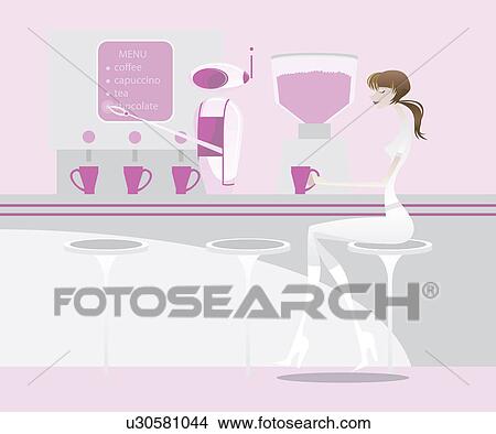 Robot at the menu board with a woman drinking coffee in a cafe View Large Photo Image Picture - Robot at the menu board with a woman drinking coffee in a cafe. Fotosearch