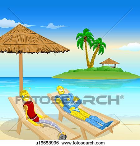 Stock Photograph - Robot couple enjoying vacation on the beach. Fotosearch