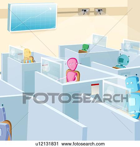 Stock Image - Robot employees working in an office. Fotosearch