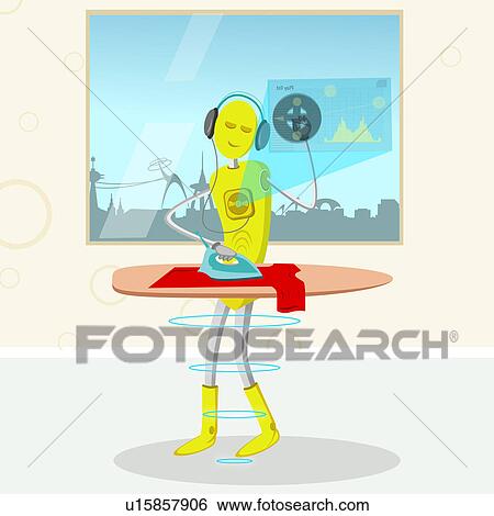 Robot listening to music and ironing clothes View Large Photo Image Stock Photograph - Robot listening to music and ironing clothes. Fotosearch
