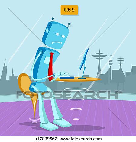 Stock Image - Robot working on a computer in an office. Fotosearch