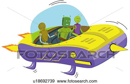 Stock Photo - Robots traveling by a space ship. Fotosearch