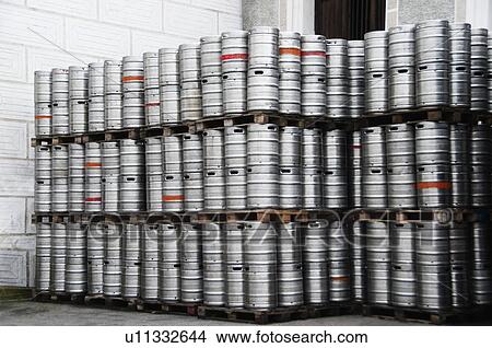 Picture - Stack of beer barrels in a brewery, Eggenberg, Cesky Krumlov, South Bohemian Region, Czech Republic. Fotosearch