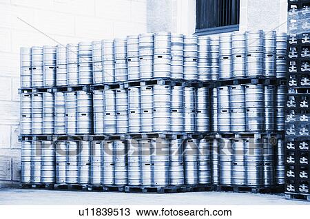 Stock Image - Stack of beer barrels in a brewery, Eggenberg, Cesky Krumlov, South Bohemian Region, Czech Republic. Fotosearch