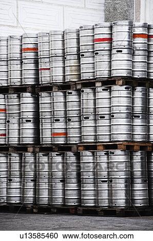 Stock Image - Stack of beer barrels in a brewery, Eggenberg, Cesky Krumlov, South Bohemian Region, Czech Republic. Fotosearch