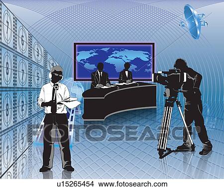 Picture - Television news presenters with a cameraman in a television studio. Fotosearch