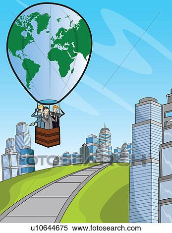 Stock Photography - Three businessmen in a hot air balloon. Fotosearch