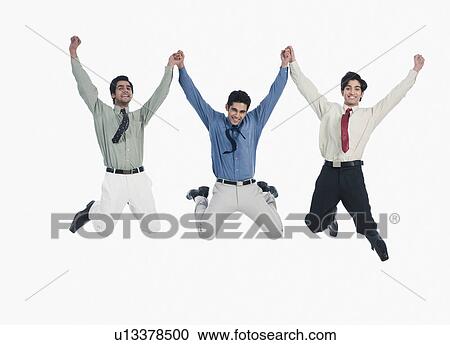 Stock Image - Three businessmen jumping. Fotosearch