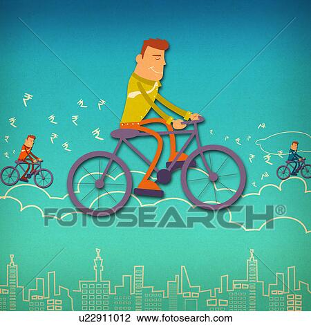 Stock Image - Three businessmen riding bicycles over the clouds. Fotosearch