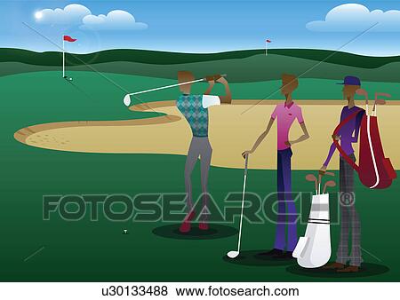 Stock Photo - Three men playing golf. Fotosearch