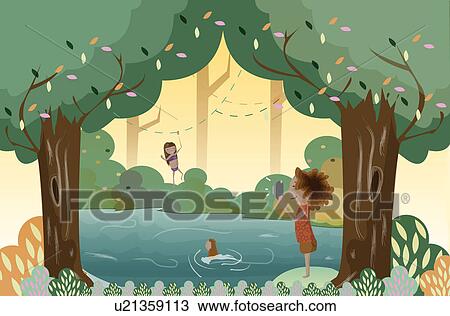 Stock Image - Tourists enjoying in a forest. Fotosearch