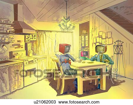 Stock Image - TV couple at dining table. Fotosearch
