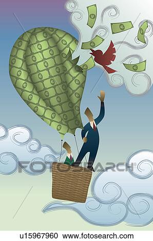 Two businessmen in a hot air balloon of money being burst by a bird View Large Photo Image Stock Image - Two businessmen in a hot air balloon of money being burst by a bird. Fotosearch