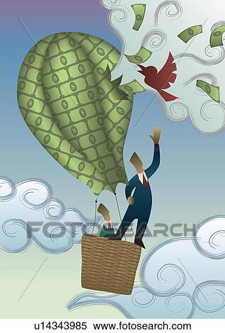 Stock Photography - Two businessmen in a hot air balloon of money being burst by a bird. Fotosearch