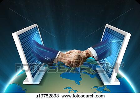 Stock Image - Two computers shaking hands. Fotosearch