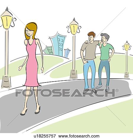 Two men whistling behind a passing by woman in the street View Large Photo Image Stock Photo - Two men whistling behind a passing by woman in the street. Fotosearch