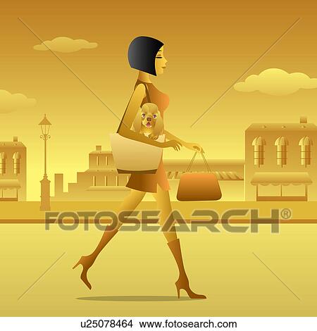 Woman carrying a dog in her purse walking on the road View Large Photo Image Picture - Woman carrying a dog in her purse walking on the road. Fotosearch