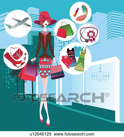 Stock Photography - Woman carrying shopping bags and thinking. Fotosearch