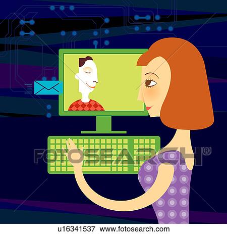 Stock Photo - Woman chatting online with a man. Fotosearch