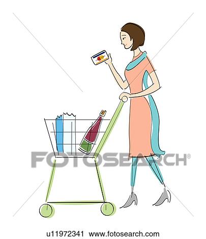 Stock Image - Woman holding a credit card and walking with a shopping cart. Fotosearch
