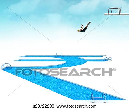 Stock Photo - Woman jumping into Rupee symbol pool. Fotosearch