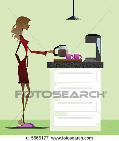 Stock Photo - Woman making coffee in a coffee maker. Fotosearch