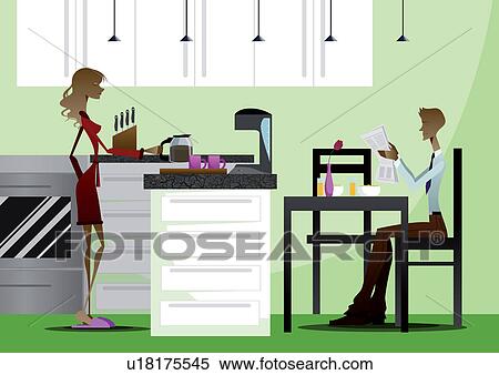Woman preparing breakfast with her husband reading a newspaper View Large Photo Image Stock Photography - Woman preparing breakfast with her husband reading a newspaper. Fotosearch