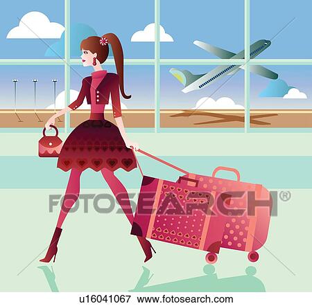 Stock Photo - Woman pulling her luggage at an airport. Fotosearch
