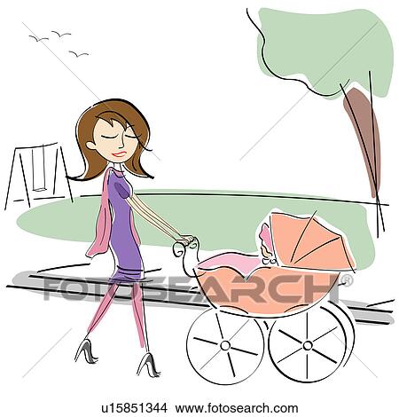 Picture - Woman pushing her baby in a stroller in a park. Fotosearch