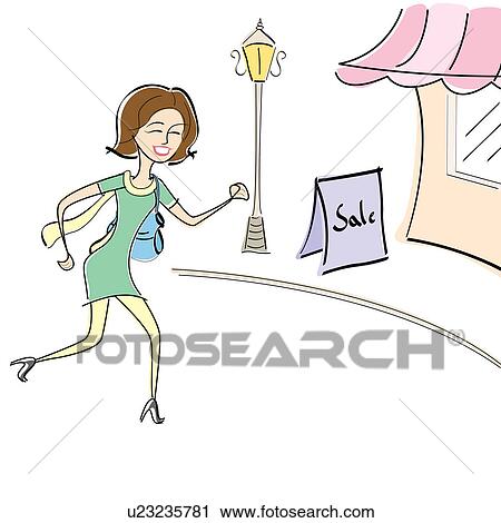 Stock Image - Woman running for shopping in a sale. Fotosearch