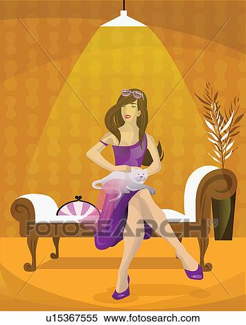 Woman sitting on a couch with a cat on her lap View Large Photo Image Stock Photography - Woman sitting on a couch with a cat on her lap. Fotosearch
