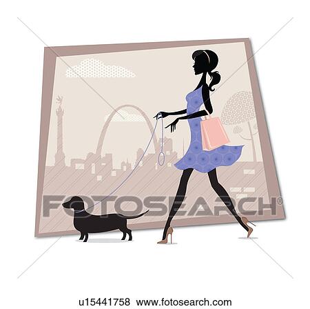 Stock Photo - Woman walking with a dog. Fotosearch