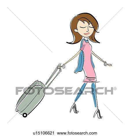 Stock Image - Woman walking with a suitcase. Fotosearch
