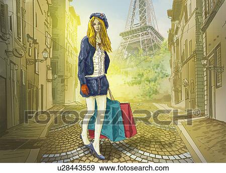 Stock Photo - Woman walking with shopping bags in street with Eiffel Tower in the background, Paris, France. Fotosearch