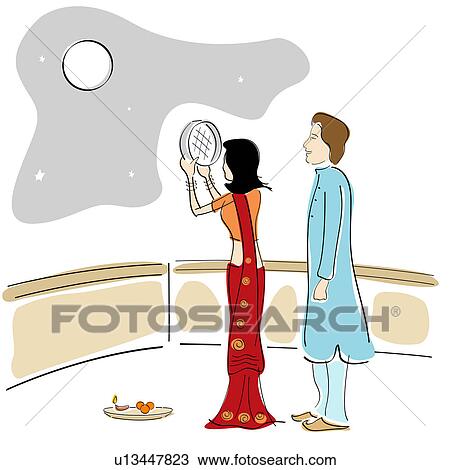 Woman watching moon through a sieve at Karva Chauth View Large Photo Image Stock Image - Woman watching moon through a sieve at Karva Chauth. Fotosearch