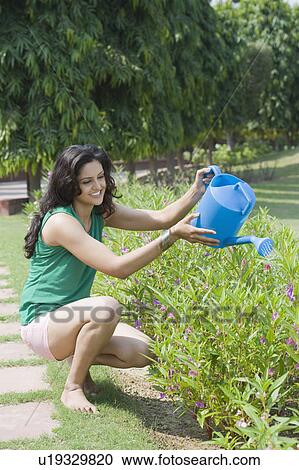 Stock Image - Woman watering plants. Fotosearch