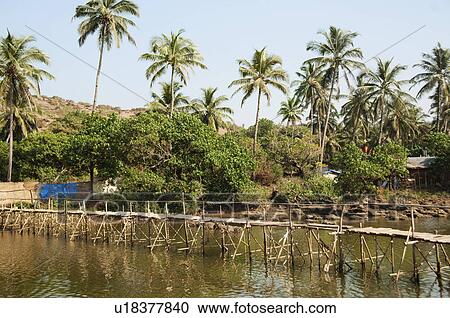 Stock Image - Wooden bridge across the river, Goa, India. Fotosearch