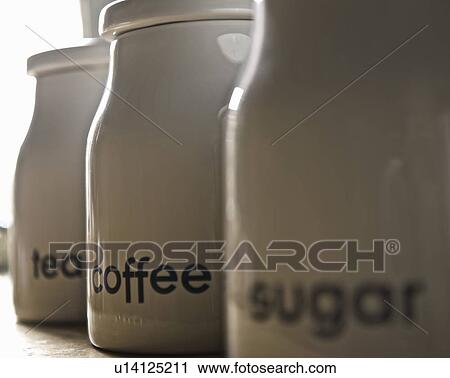 Close up of coffee, tea and sugar jars View Large Photo Image Stock Image - Close up of coffee, tea and sugar jars. Fotosearch