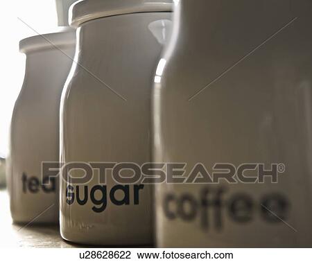 Close up of coffee, tea and sugar jars View Large Photo Image Stock Image - Close up of coffee, tea and sugar jars. Fotosearch