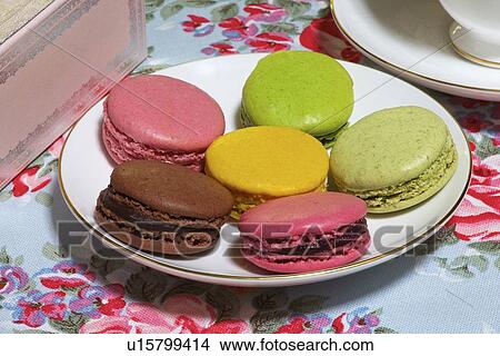 Picture - Plate of colorful macaroon cookies. Fotosearch
