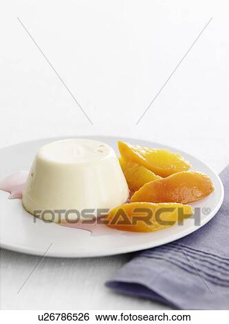 Stock Photograph - Plate of panna cotta with fruit. Fotosearch