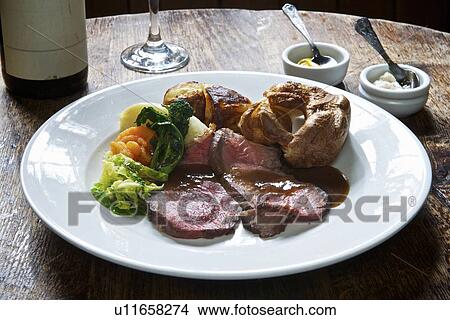 Picture - Plate of roast beef with vegetables. Fotosearch