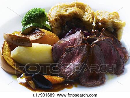 Plate of roast venison with beef pudding View Large Photo Image Stock Photo - Plate of roast venison with beef pudding. Fotosearch