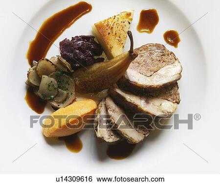 Plate of stuffed pork with pear View Large Photo Image Stock Photograph - Plate of stuffed pork with pear. Fotosearch