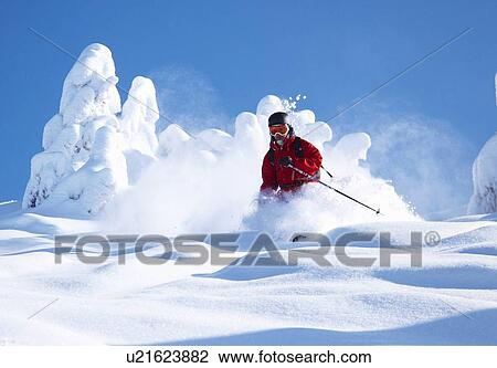 Stock Image - Skier coasting on snowy slope. Fotosearch
