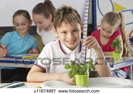 Stock Photo - Boy learning about plants in school class. Fotosearch
