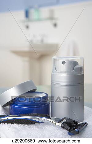 Stock Photo - Man's shaving kit in bathroom. Fotosearch