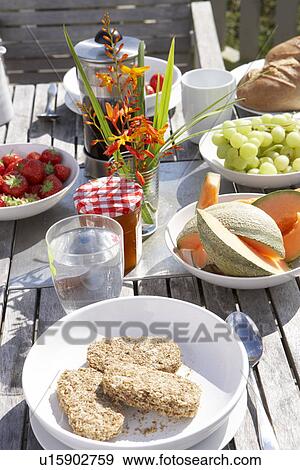 Stock Photo - Outdoor table set for breakfast. Fotosearch