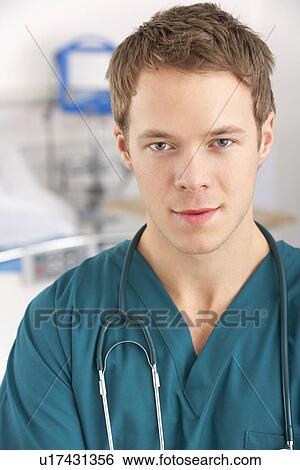 Stock Photograph - Portrait American student doctor on hospital ward. Fotosearch