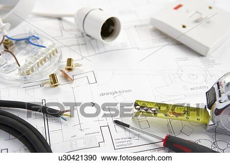 Stock Image - Wiring tools and materials. Fotosearch